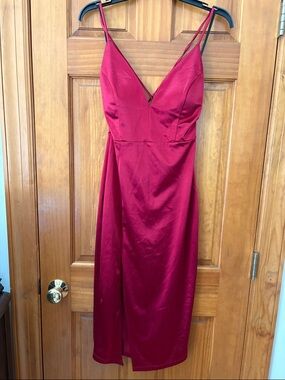 Windsor Wine-Red Satin Midi Dress with Double Spaghetti Straps